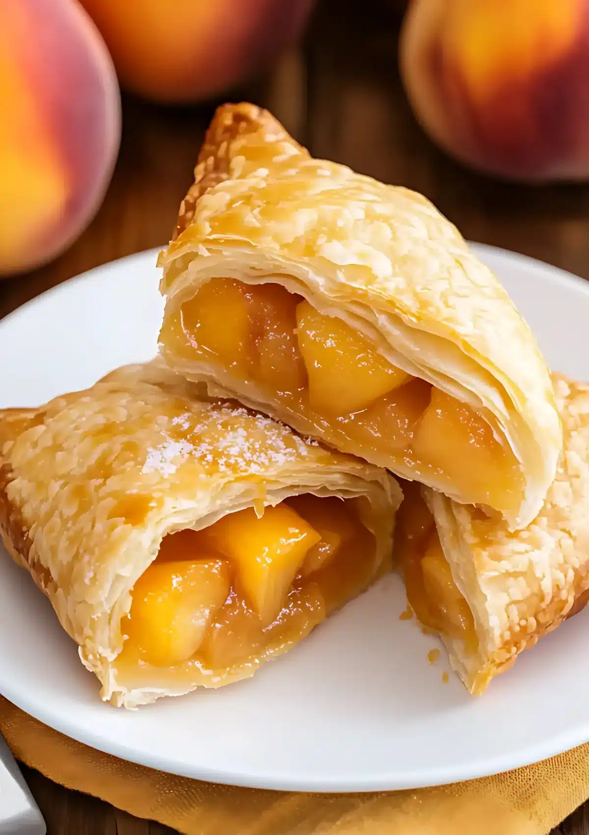 Close-up of cut peach turnover revealing juicy spiced peach filling inside crispy puff pastry layers, with whole peaches visible in background