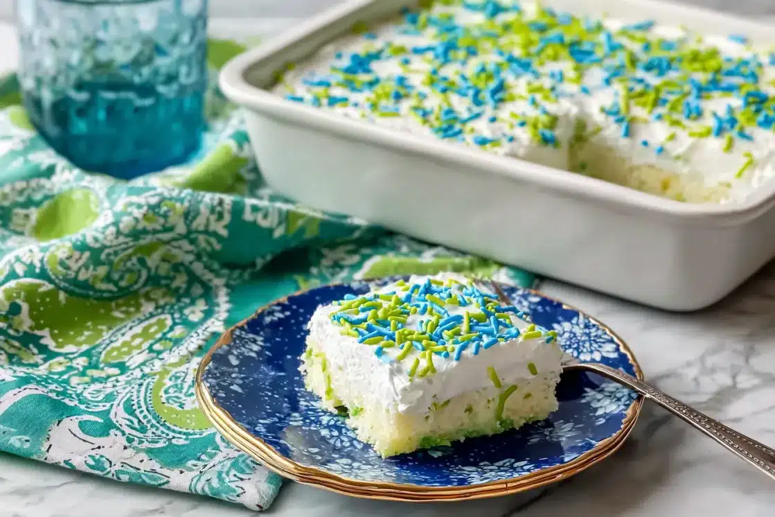 Pistachio poke cake slice on a blue speckled plate beside the full cake in a white baking dish, decorated with blue and green sprinkles on a turquoise paisley tablecloth