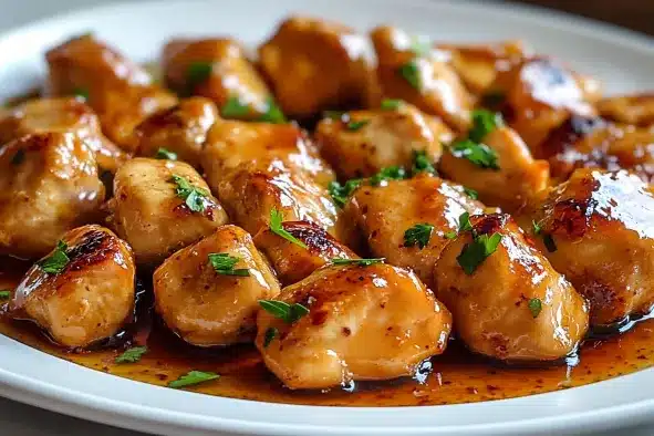 Finished roadhouse butter chicken served on white plate with glossy sauce and parsley garnish