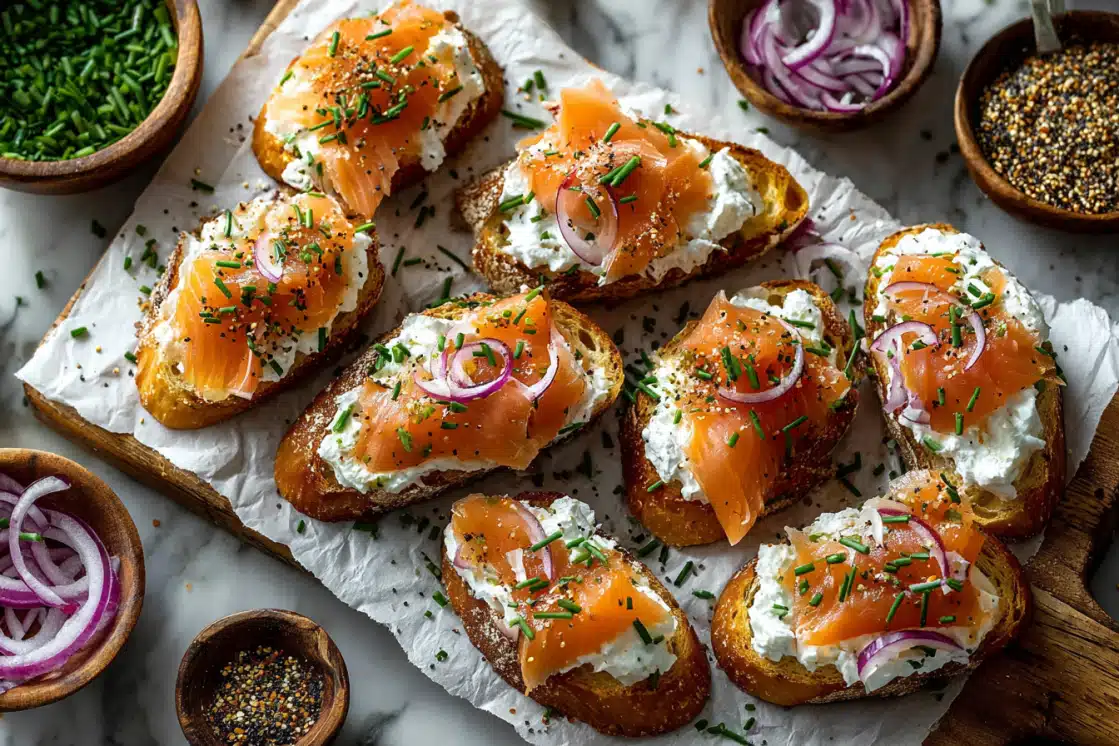 Multiple smoked salmon crostini on white parchment with small bowls of ingredients like chopped chives and everything bagel seasoning nearby