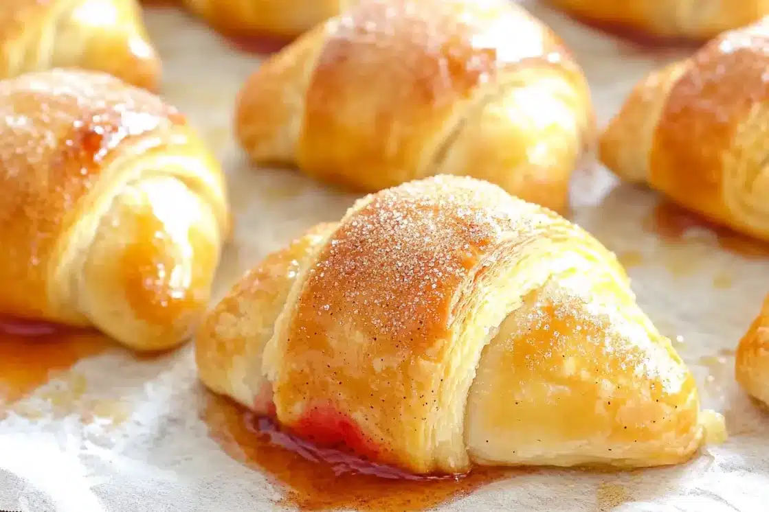 Glazed strawberry peach pastries on parchment paper with visible fruit filling and golden brown crust