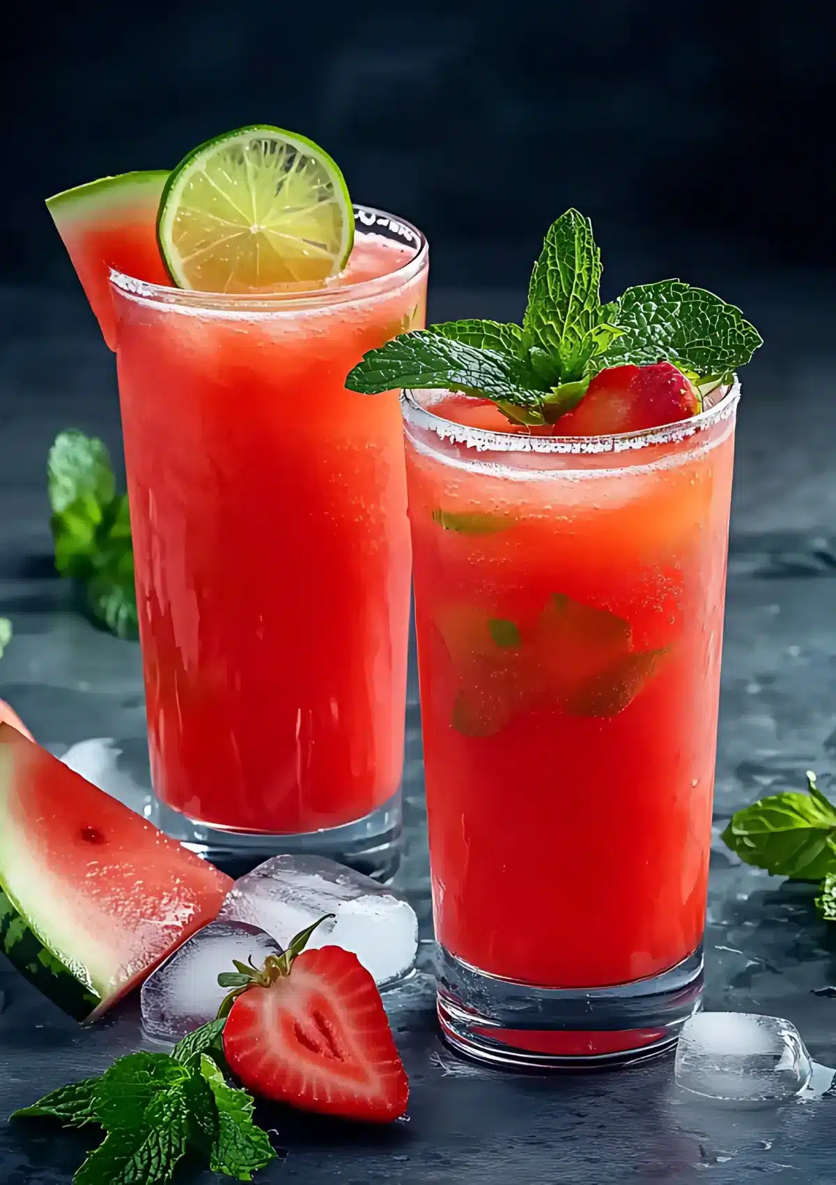 Two glasses of strawberry watermelon lemonade with lime wheel and mint garnishes, surrounded by fresh watermelon slices and strawberries