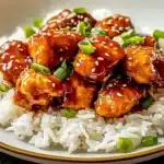Sweet chili chicken served on white plate with gold rim, showing tender chicken pieces in sticky sweet chili sauce over white rice