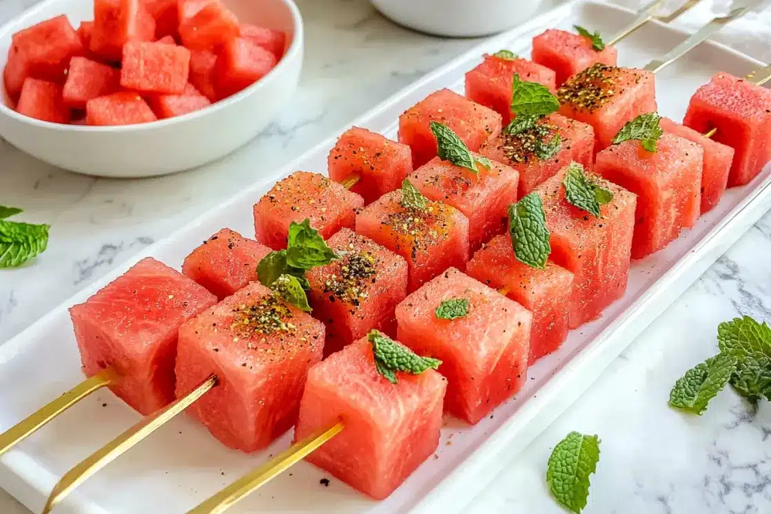 Tajin watermelon skewers on marble surface with bowl of cubed watermelon and fresh mint leaves