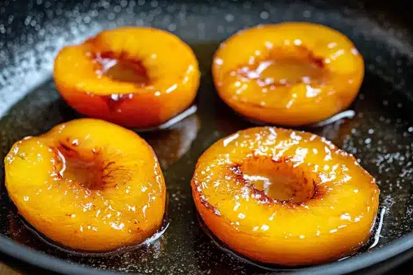 Four caramelised peach halves cooking in non-stick pan showing golden caramelization and glossy caramel syrup