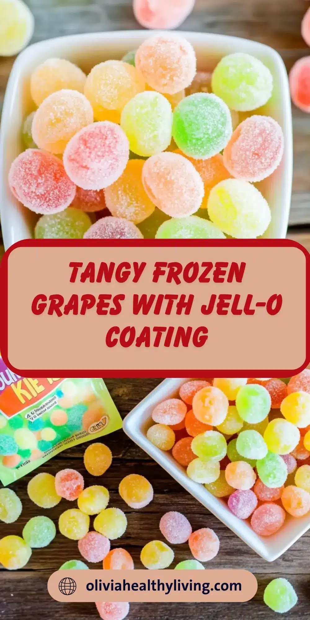 Tangy frozen grapes with Jell-O coating displayed in white containers with Jell-O boxes visible, demonstrating the simple 2-ingredient recipe