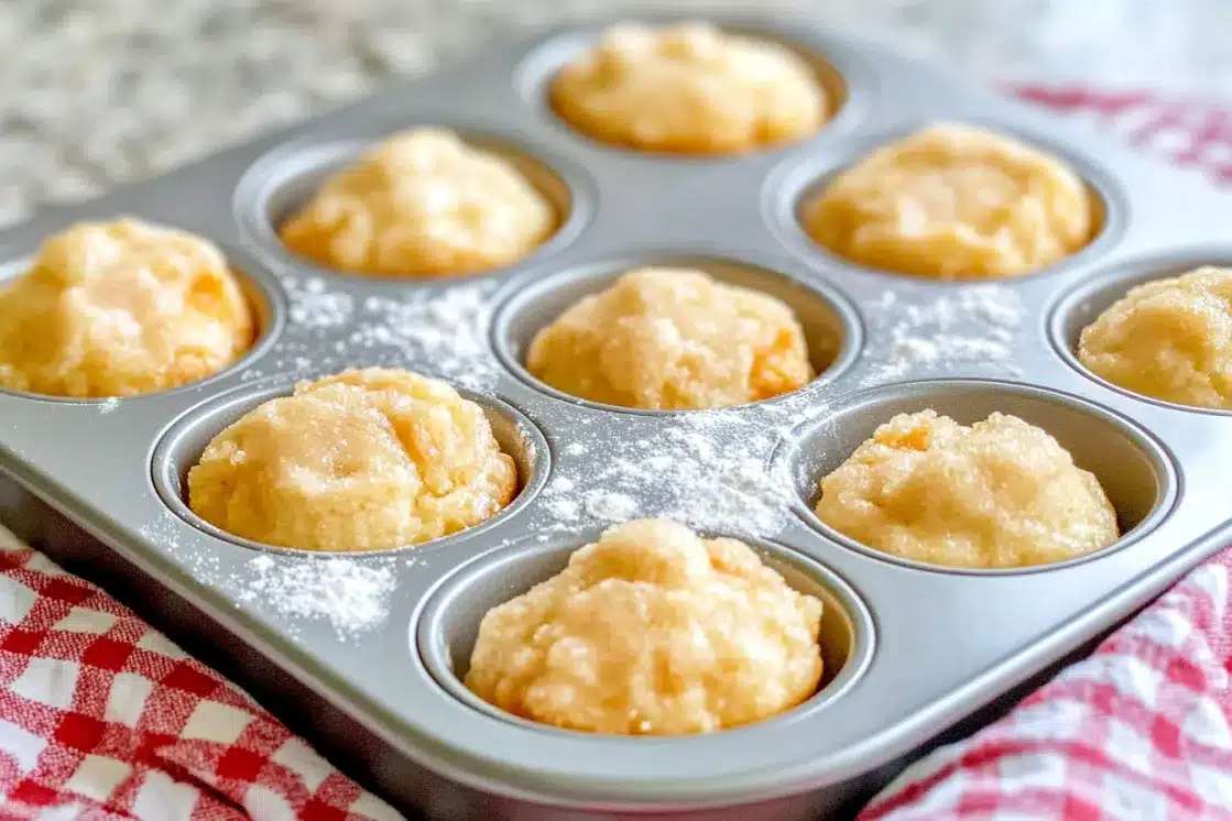 Peach cobbler muffin batter in muffin tin cups before baking, filled two-thirds full