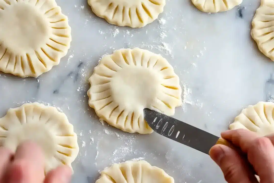 Raw pie dough circles being cut with knife for vent holes before baking