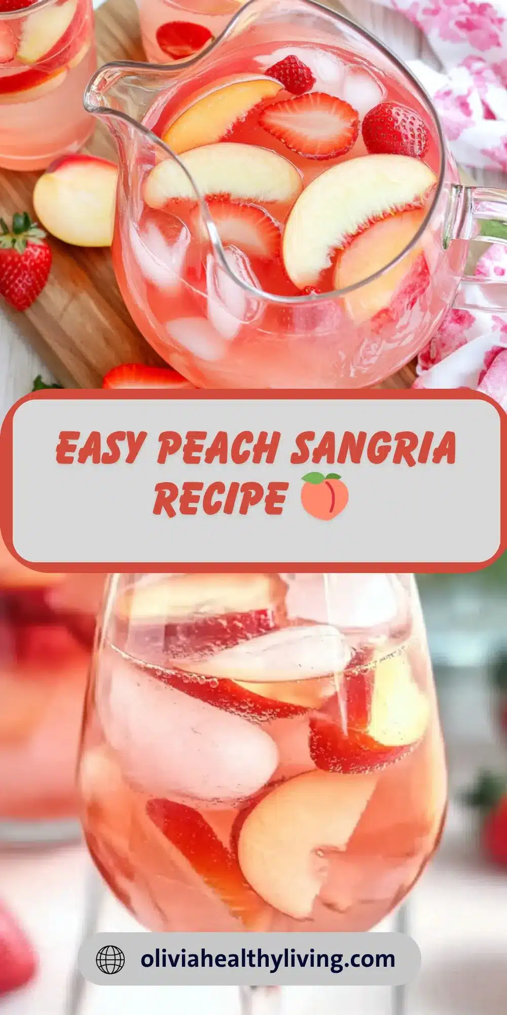 Clear glass pitcher filled with peach sangria showing fresh peach slices and strawberries floating in rosé wine