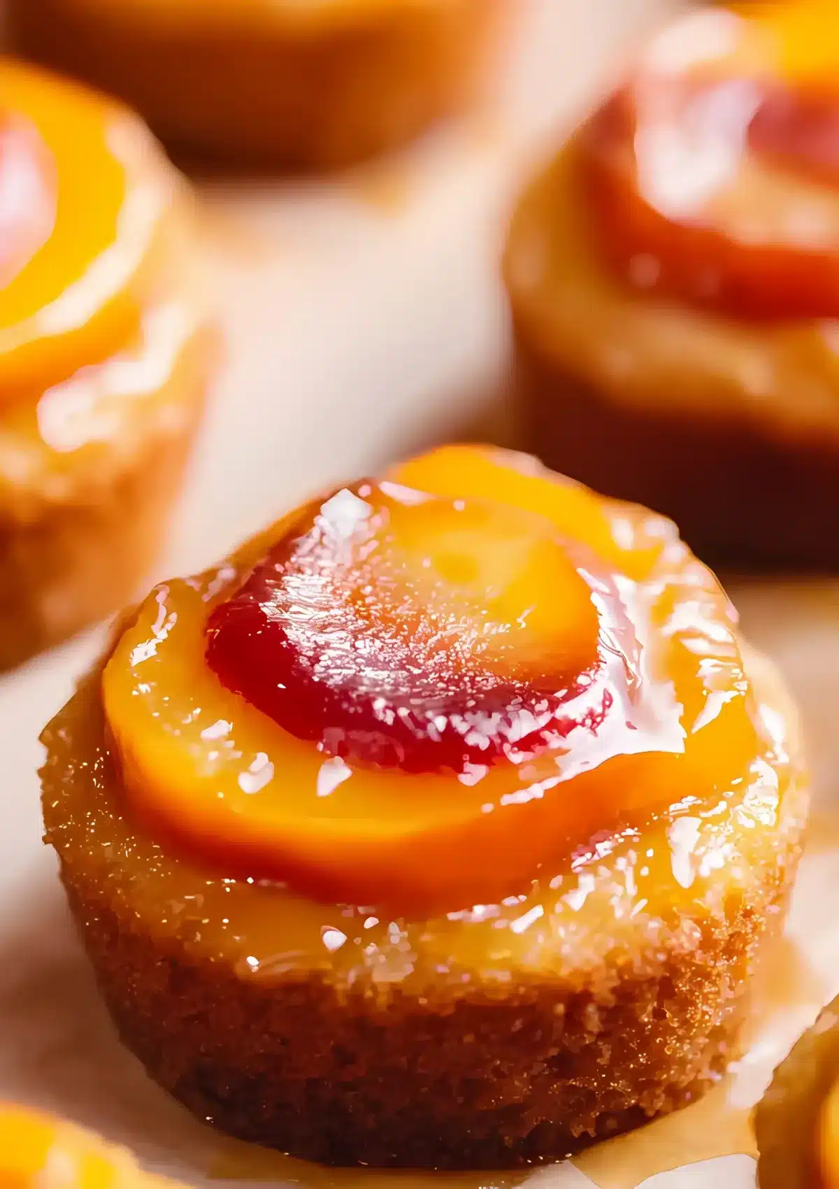 Single peach upside down mini cake with glossy caramelized peach slices and golden brown sugar topping
