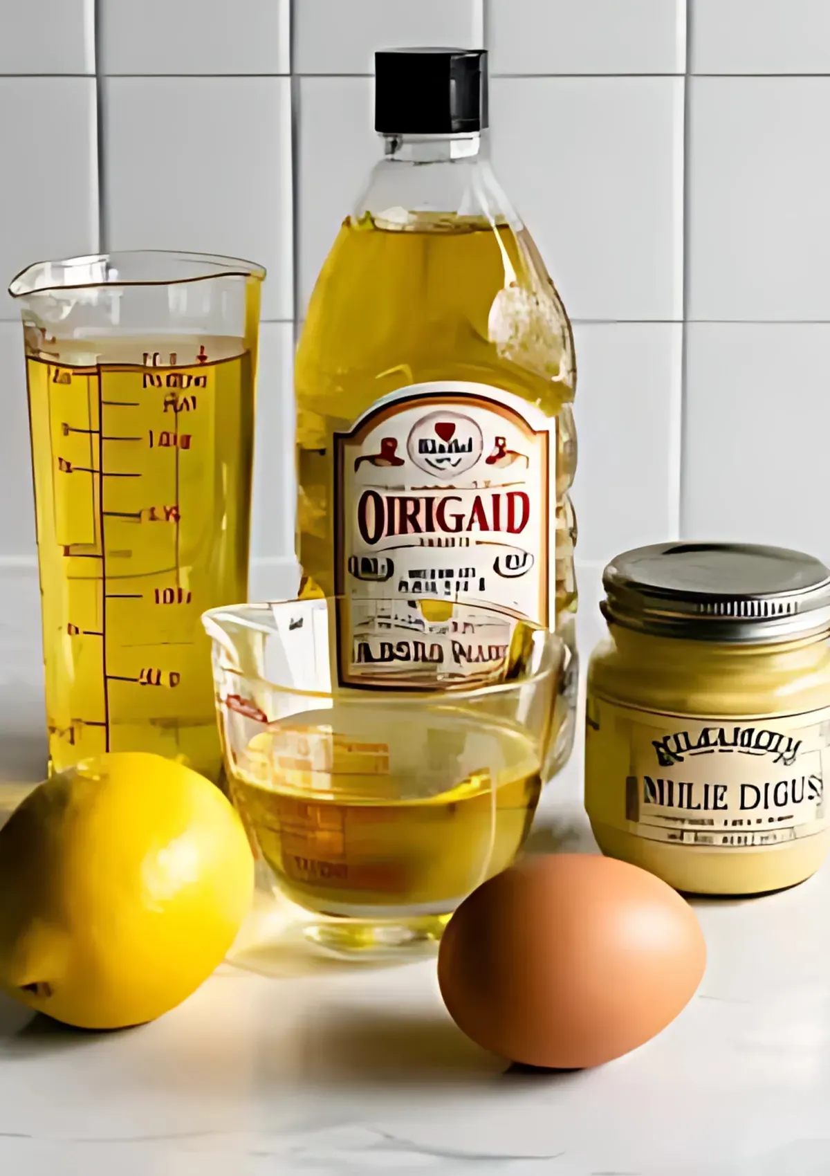 Ingredients including lemon, egg, avocado oil, and Dijon mustard arranged on a white background with glass measuring cups.

