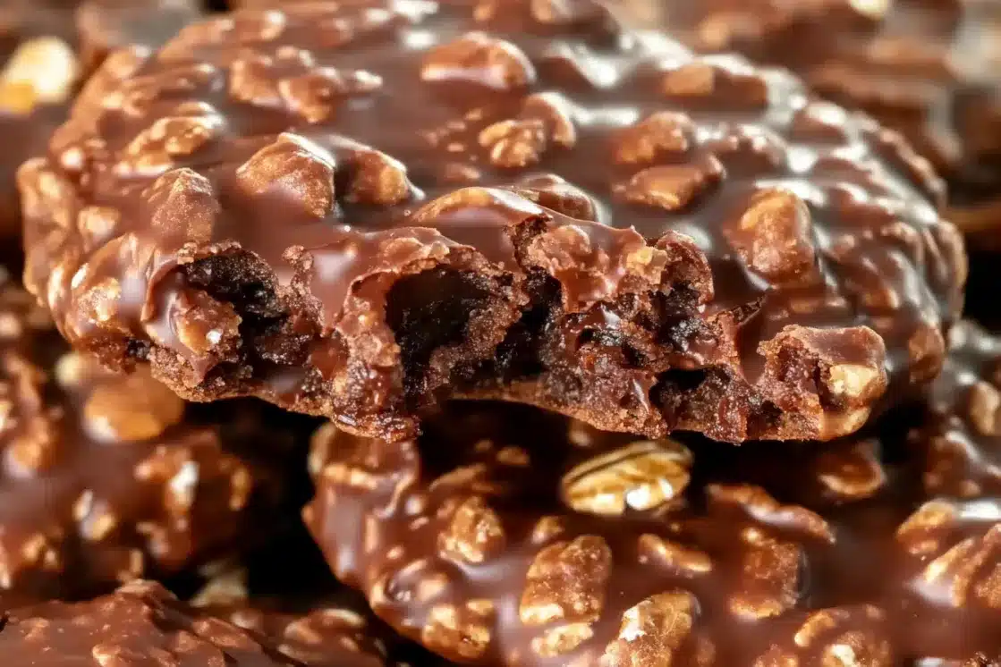 Cross-section view of chocolate no bake cookie showing chunky oat and nut texture with rich chocolate coating