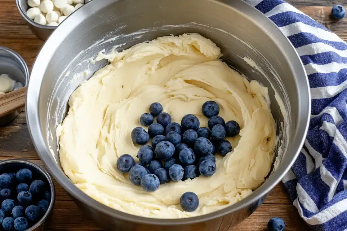 Cookie dough in mixing bowl with fresh blueberries being folded in, white chocolate chips in small bowls nearby