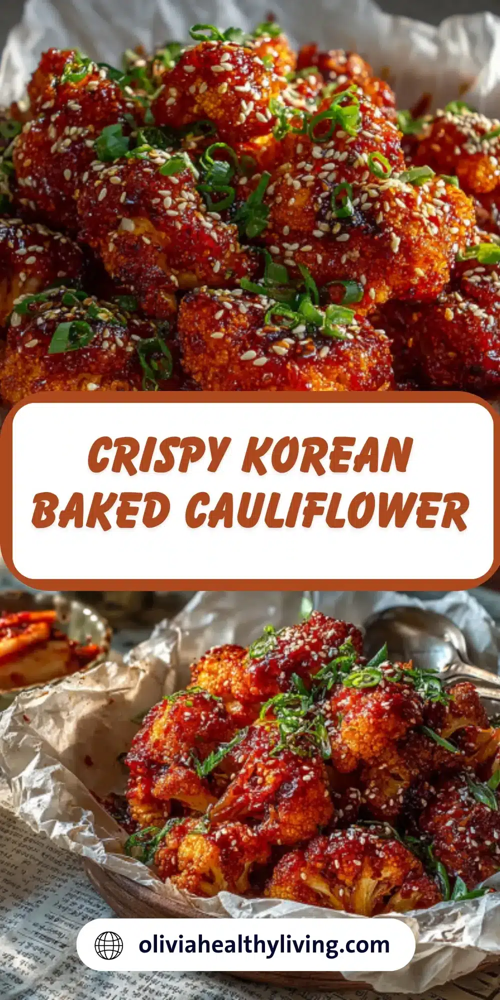 Crispy Korean baked cauliflower florets coated in spicy red sauce with sesame seeds and fresh herbs