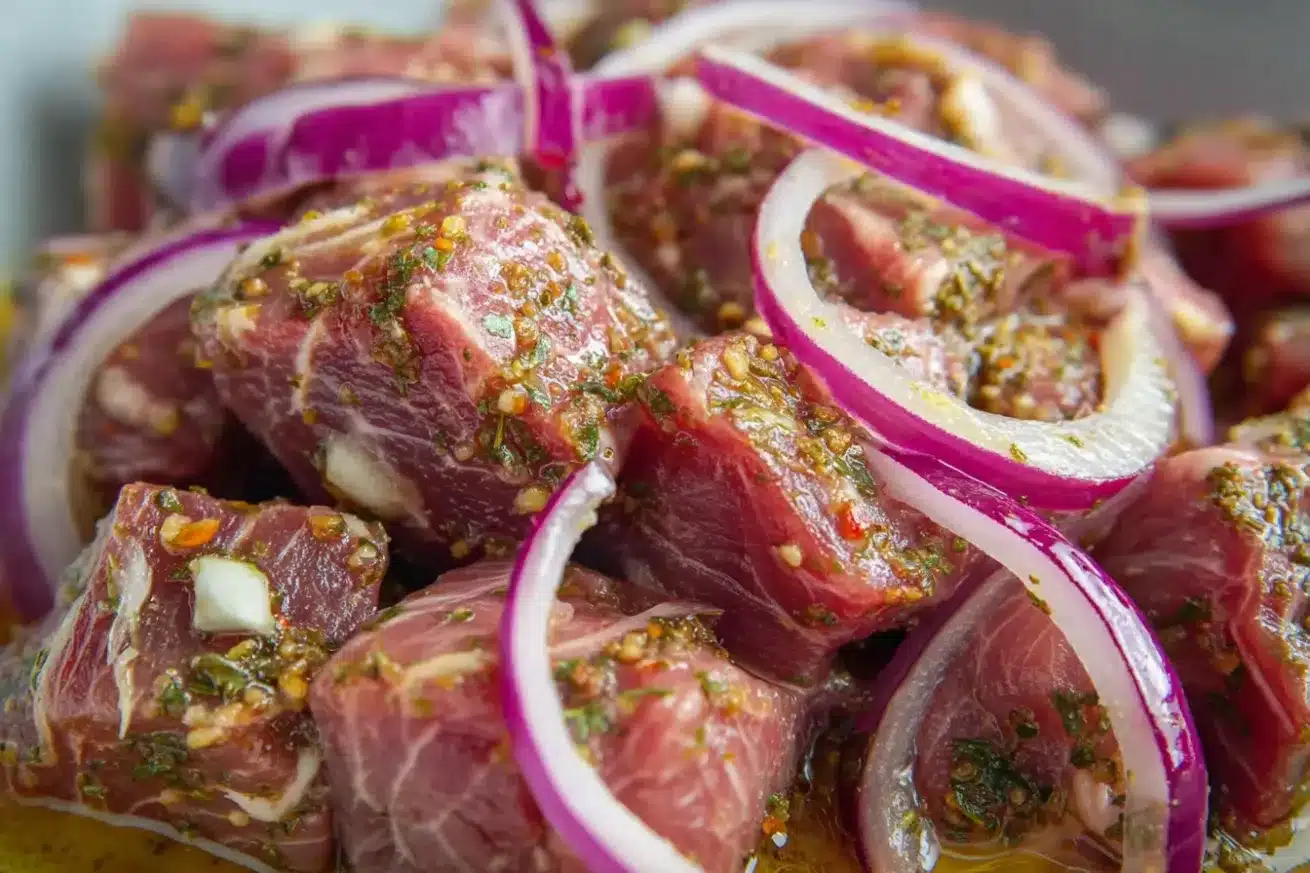 Close-up of raw lamb pieces marinating with thinly sliced red onions and fresh herbs, showing the marinade coating process