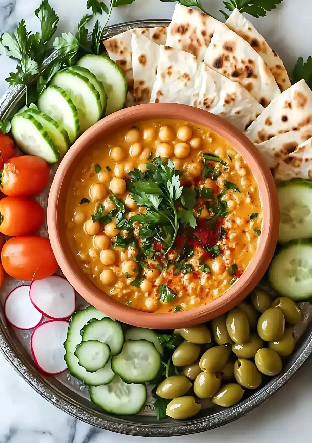 A colorful serving tray with a bowl of balila, surrounded by sliced cucumbers, radishes, cherry tomatoes, olives, and pita bread.