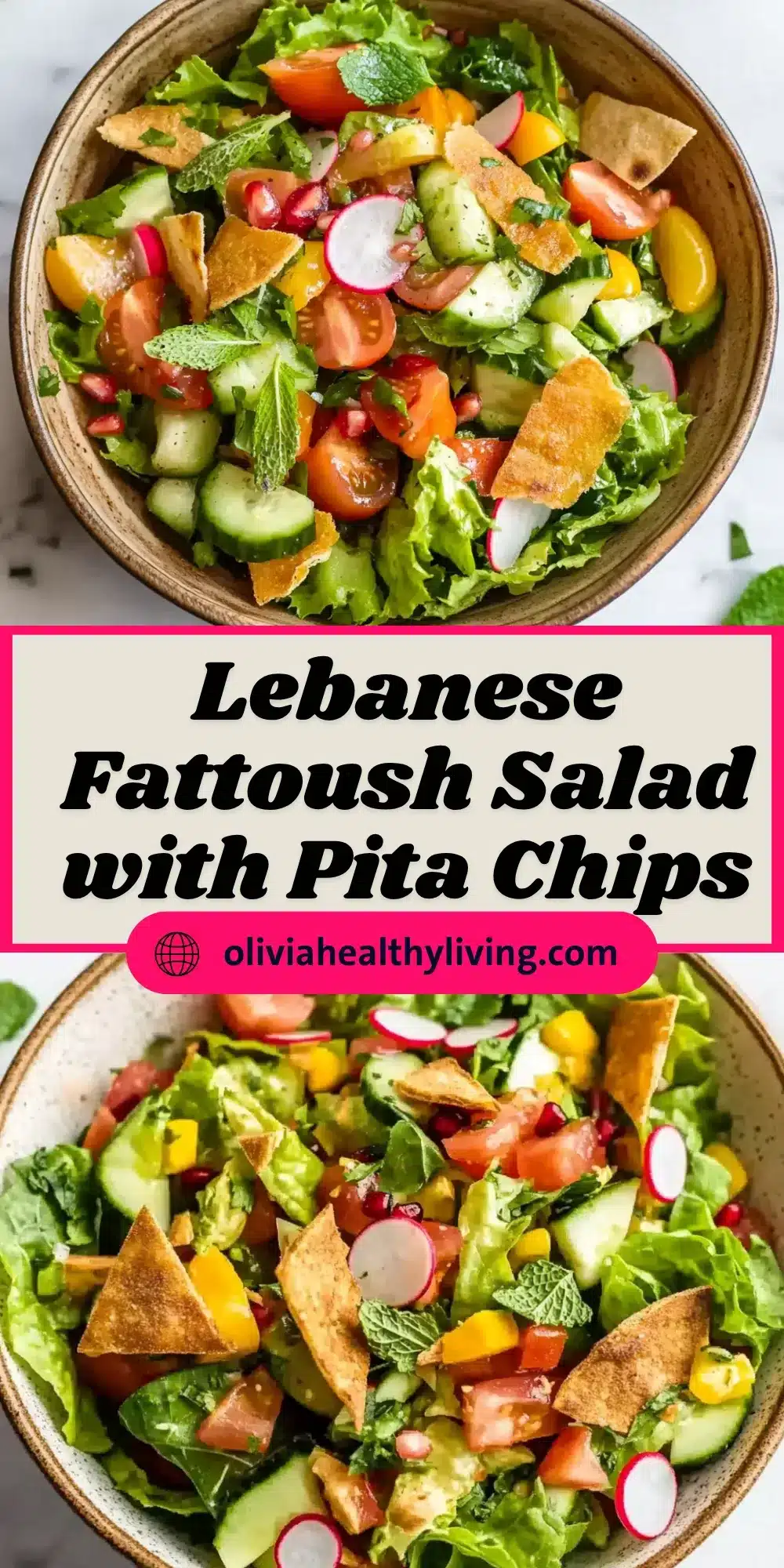 Pinterest graphic showing Lebanese fattoush salad in bowls with pita chips and mint, labeled with recipe name and website link