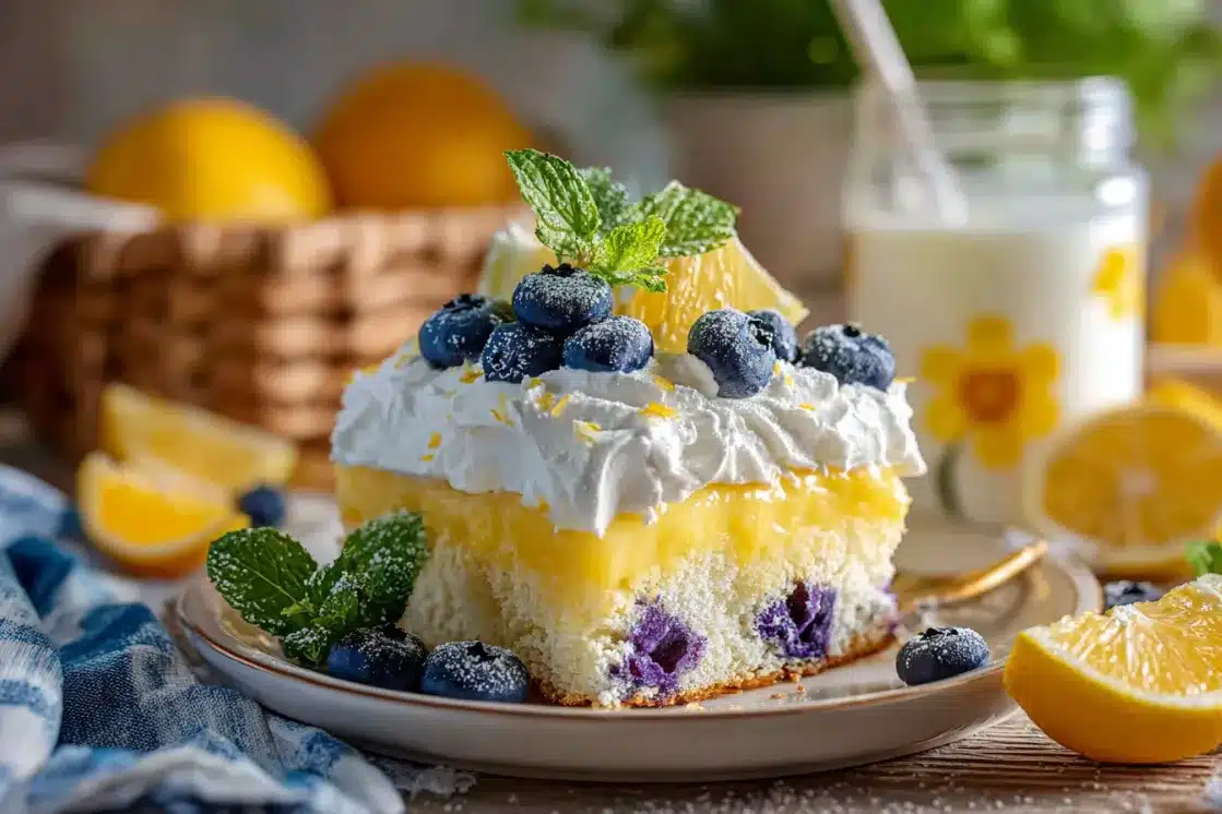 Beautiful slice of layered blueberry lemon poke cake showing white cake, yellow pudding, and fluffy whipped topping with berry garnish