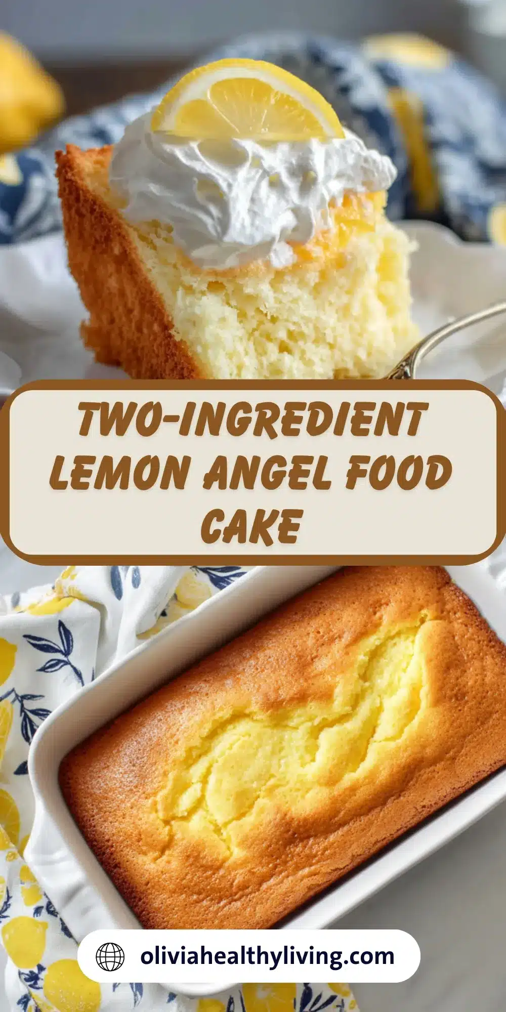 Close-up of a slice of two-ingredient lemon angel food cake with whipped cream and lemon garnish, showing the light airy texture of the cake