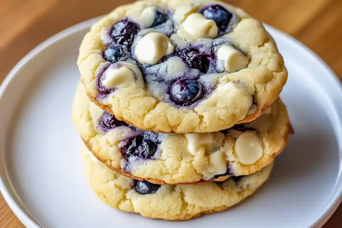 Three blueberry cheesecake cookies stacked on white plate showing golden edges and bursts of purple from blueberries