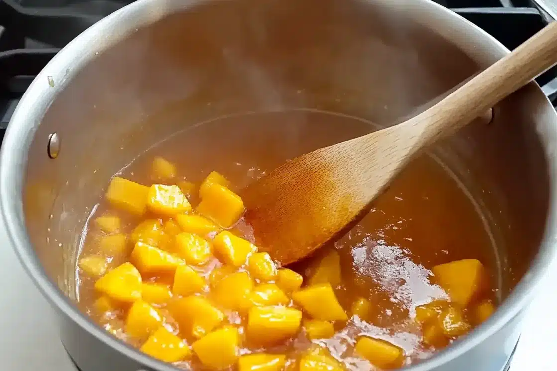 Peach and mango chunks cooking in saucepan with wooden spoon for pie filling