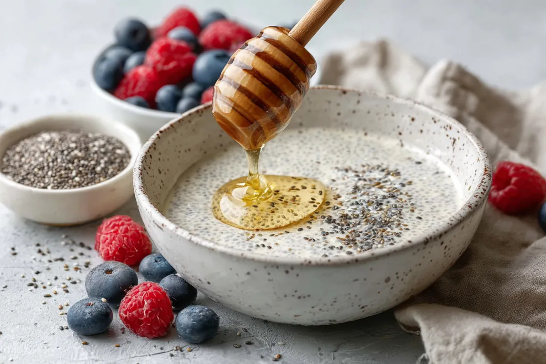 Vanilla chia pudding mixture in speckled ceramic bowl with honey drizzling, fresh berries and chia seeds scattered around