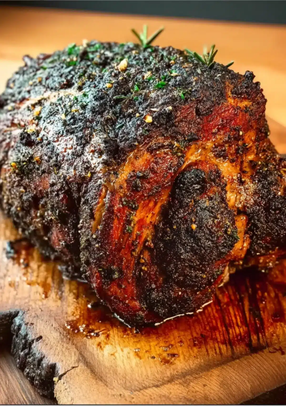 Heavily seasoned and marinated lamb roast with dark herb crust and visible spice coating, garnished with fresh rosemary on wooden cutting board