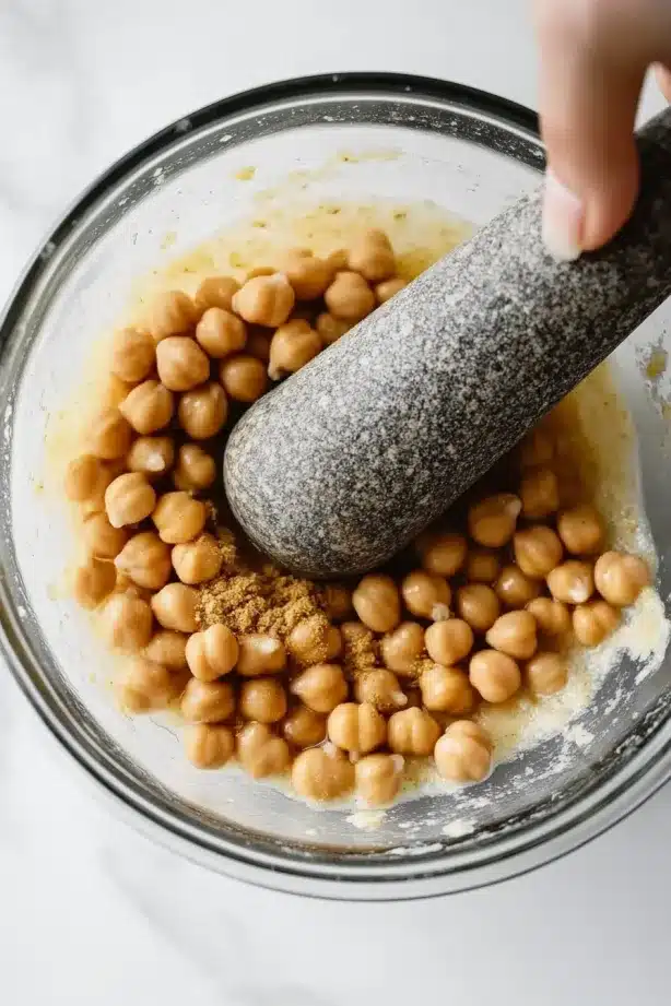 Hand using a stone pestle to mash chickpeas with spices in a glass bowl.