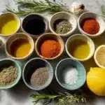 Overhead flat lay of Mediterranean lamb marinade ingredients in small ceramic bowls on marble surface, including olive oil, red wine vinegar, spices like paprika and cumin, fresh rosemary sprigs, garlic bulbs, and lemon halves