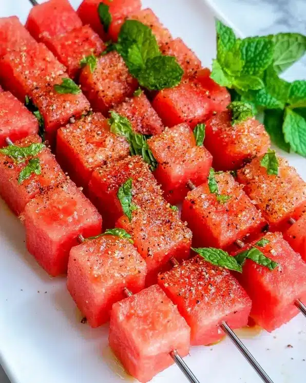 Fresh watermelon skewers dusted with tajin seasoning and garnished with mint on white serving plate