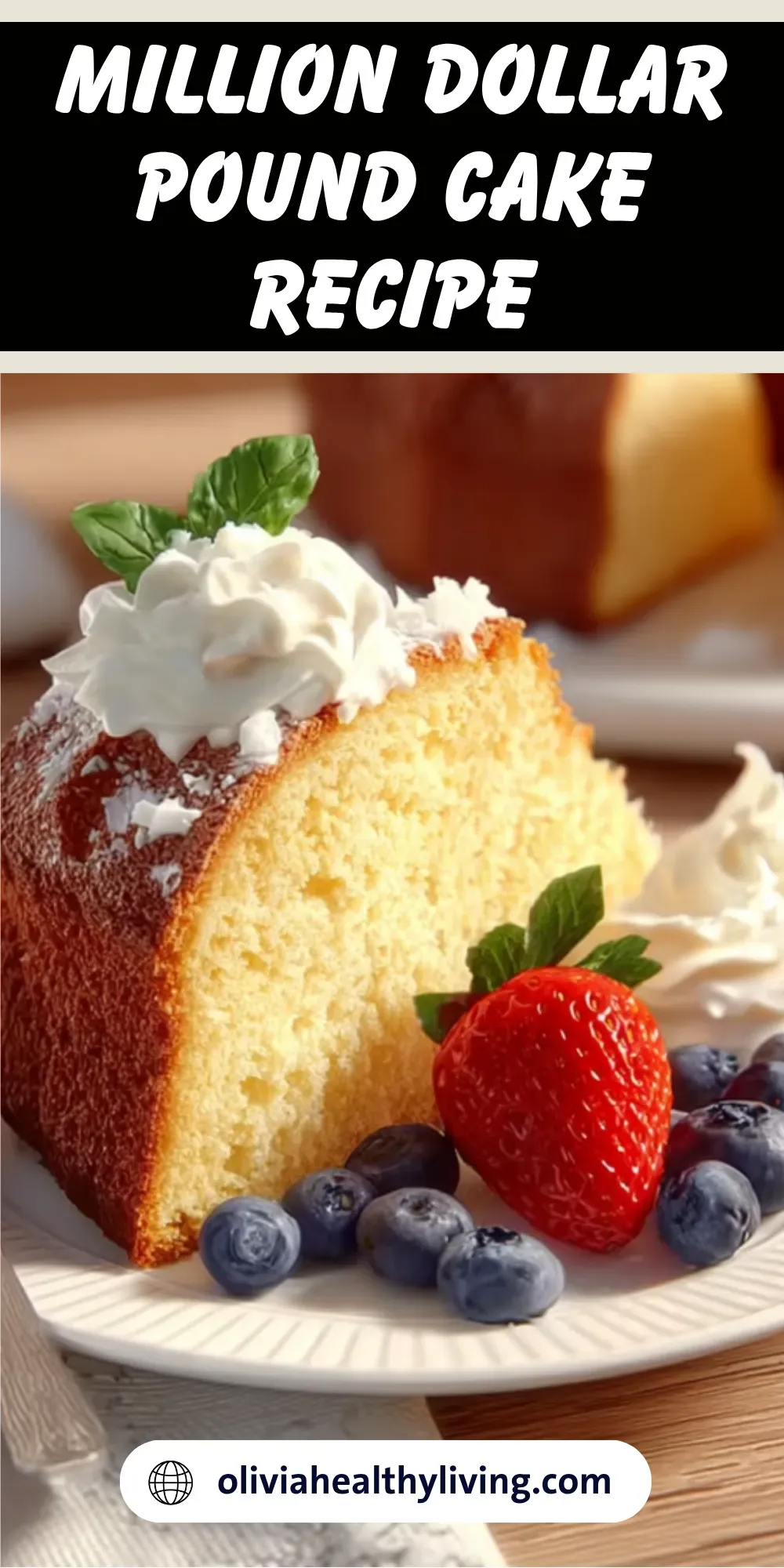 Close-up of a slice of pound cake topped with whipped cream and coconut flakes, garnished with fresh strawberry and blueberries.