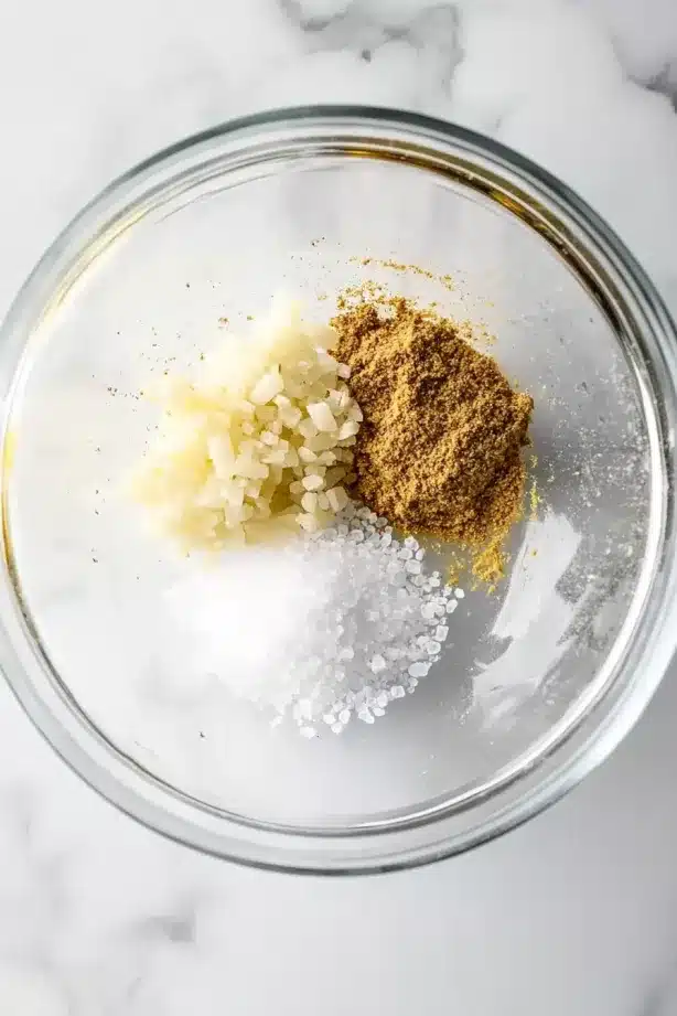 Overhead view of chopped garlic, cumin, and salt arranged in a glass mixing bowl on a marble surface.