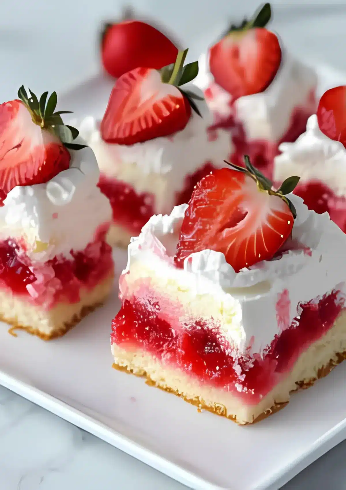 Multiple slices of strawberry poke cake topped with whipped cream and halved strawberries.