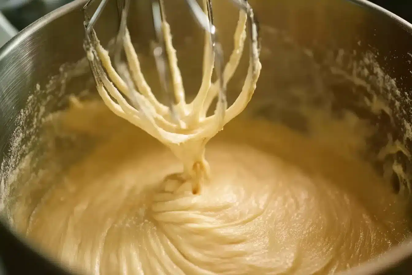 Electric beaters mixing creamy vanilla cake batter in a metal bowl.

