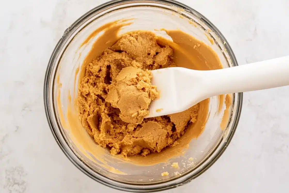 Peanut butter cookie dough mixed in glass bowl with white spatula showing smooth creamy texture