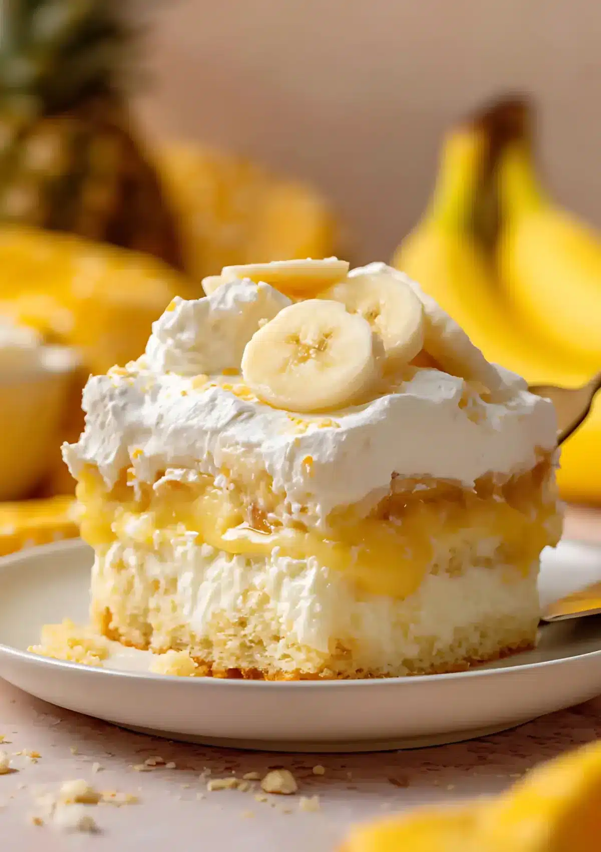 Close-up of banana pudding poke cake slice showing creamy pudding layer soaked into vanilla cake with whipped cream