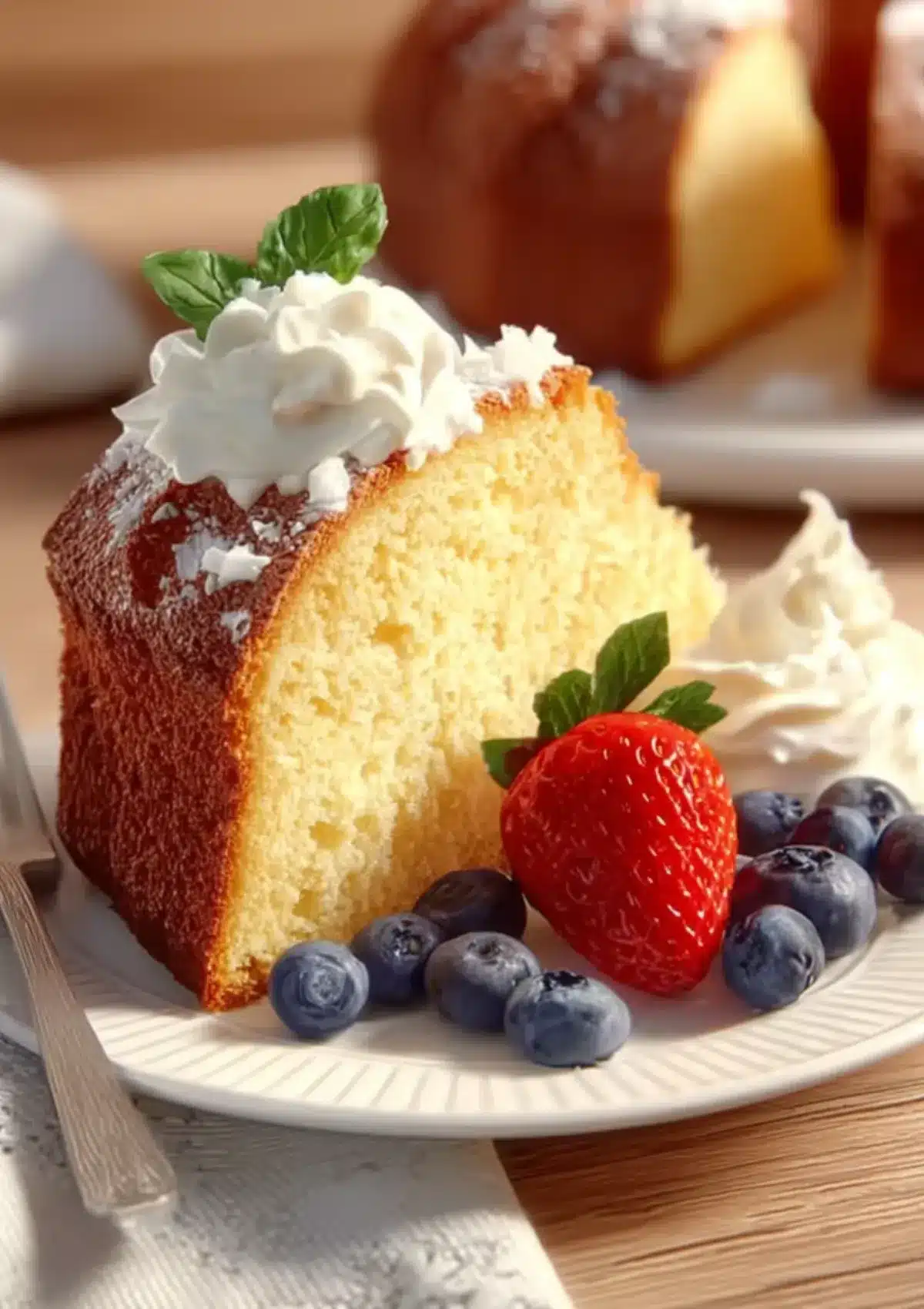 Side view of a pound cake slice topped with whipped cream, surrounded by strawberries and blueberries on a white plate.