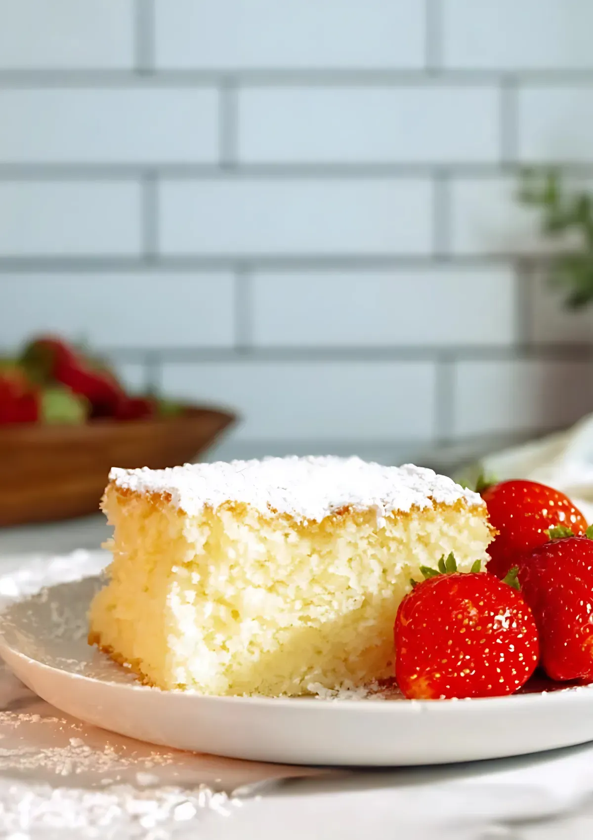 Close-up of a moist and airy vanilla cake slice topped with powdered sugar, served with strawberries.

