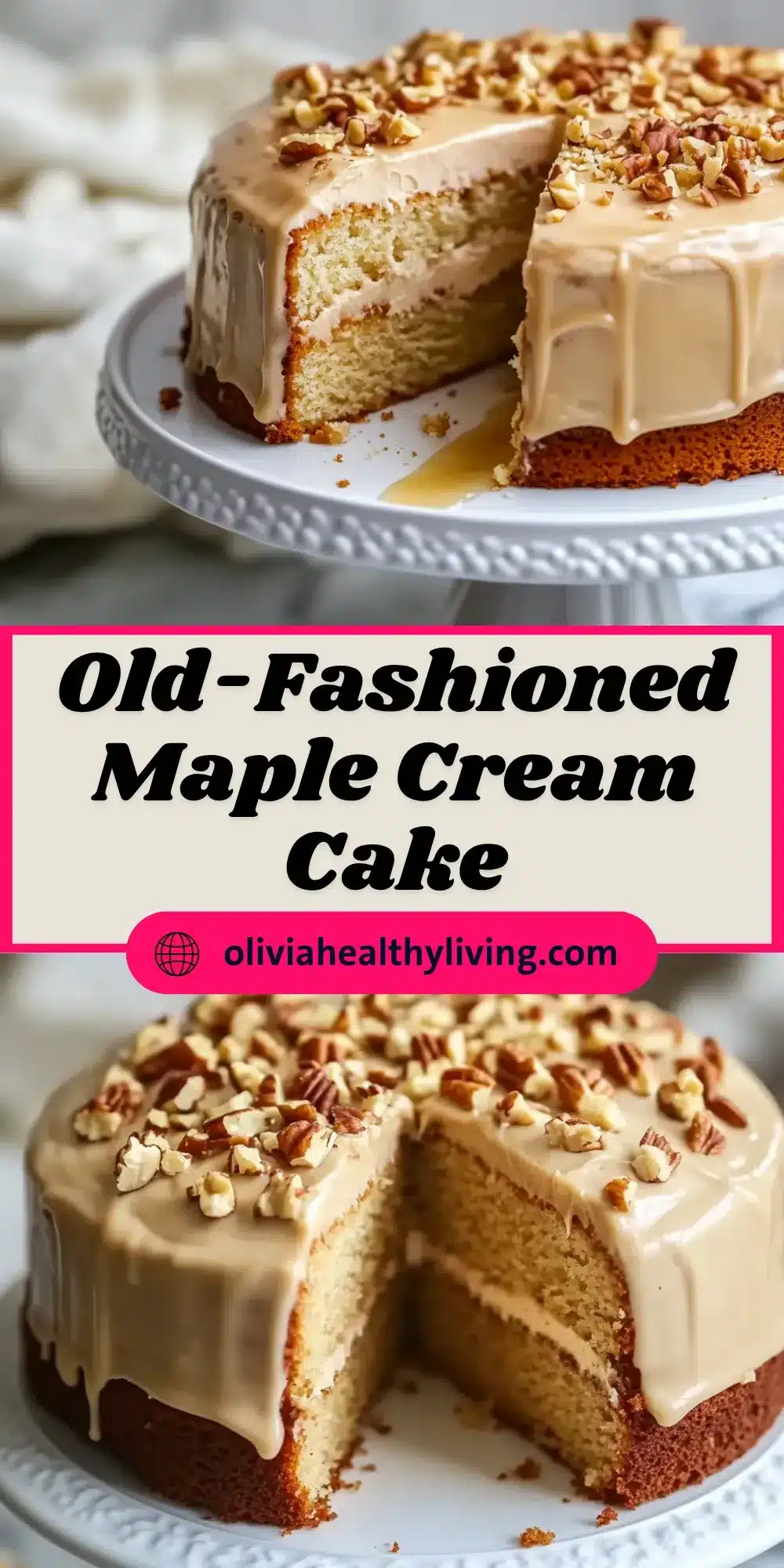 Two-layer maple cake with rich maple frosting and chopped pecans, styled as a Pinterest recipe graphic.

