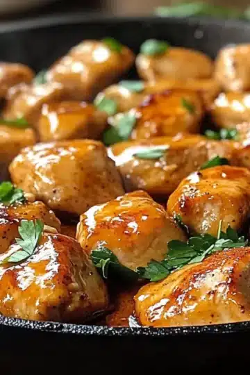 Cast iron skillet filled with honey butter chicken pieces in rich golden sauce