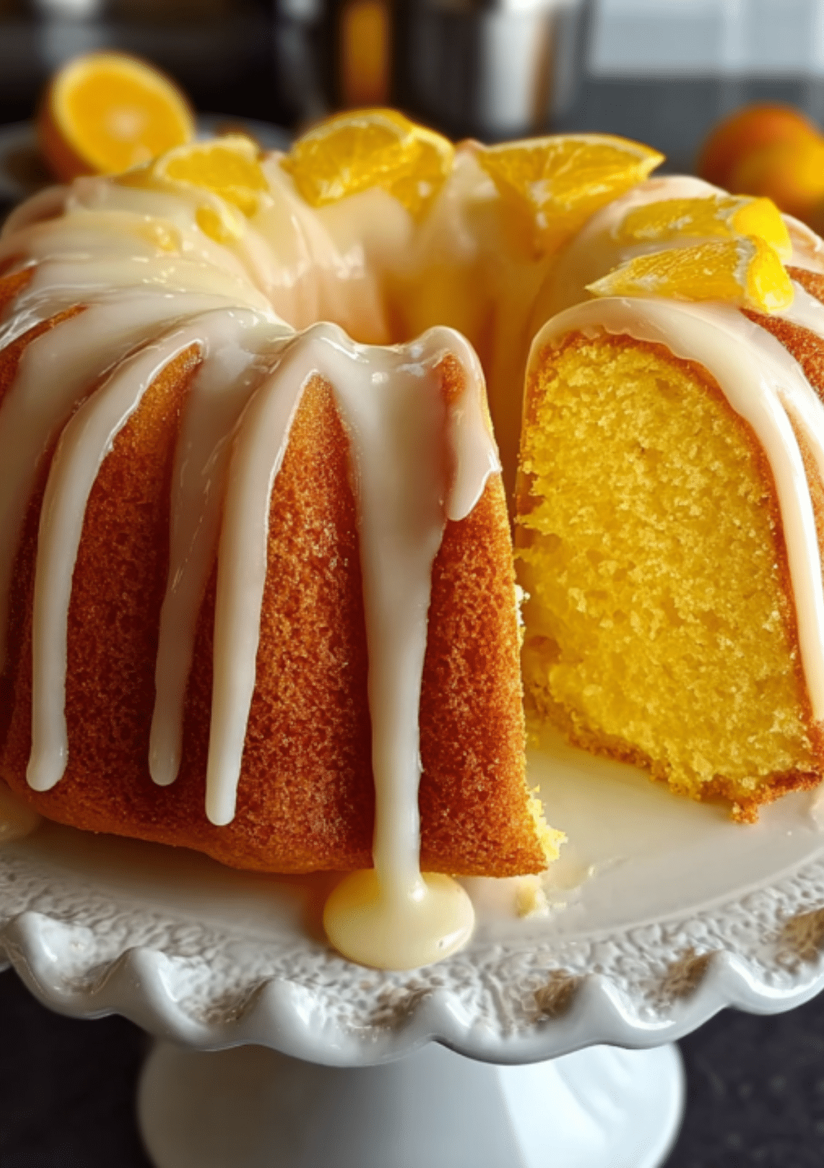 Orange bundt cake with white glaze and orange slice garnishes on a white cake stand