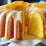 Orange bundt cake with white glaze slice removed