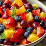 Overhead-view-of-fruit-salad-in-white-ceramic-bowl-with-wooden-spoons-visible-at-the-edge.