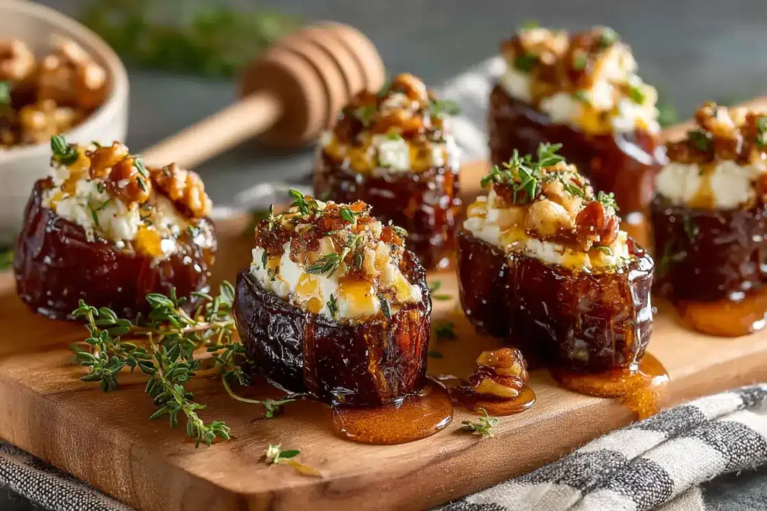 Multiple goat cheese stuffed dates with crushed nuts and honey arranged on wooden serving board