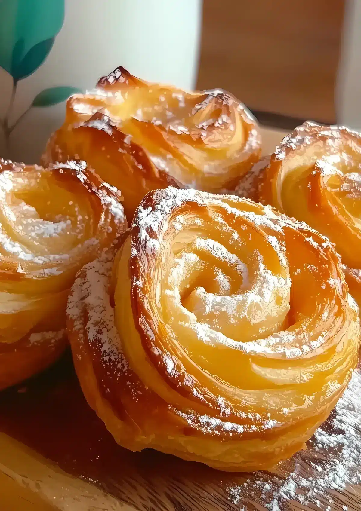 A batch of peach pie cruffins dusted with powdered sugar on a rustic wood surface, with a blurred mug and plant in the background.