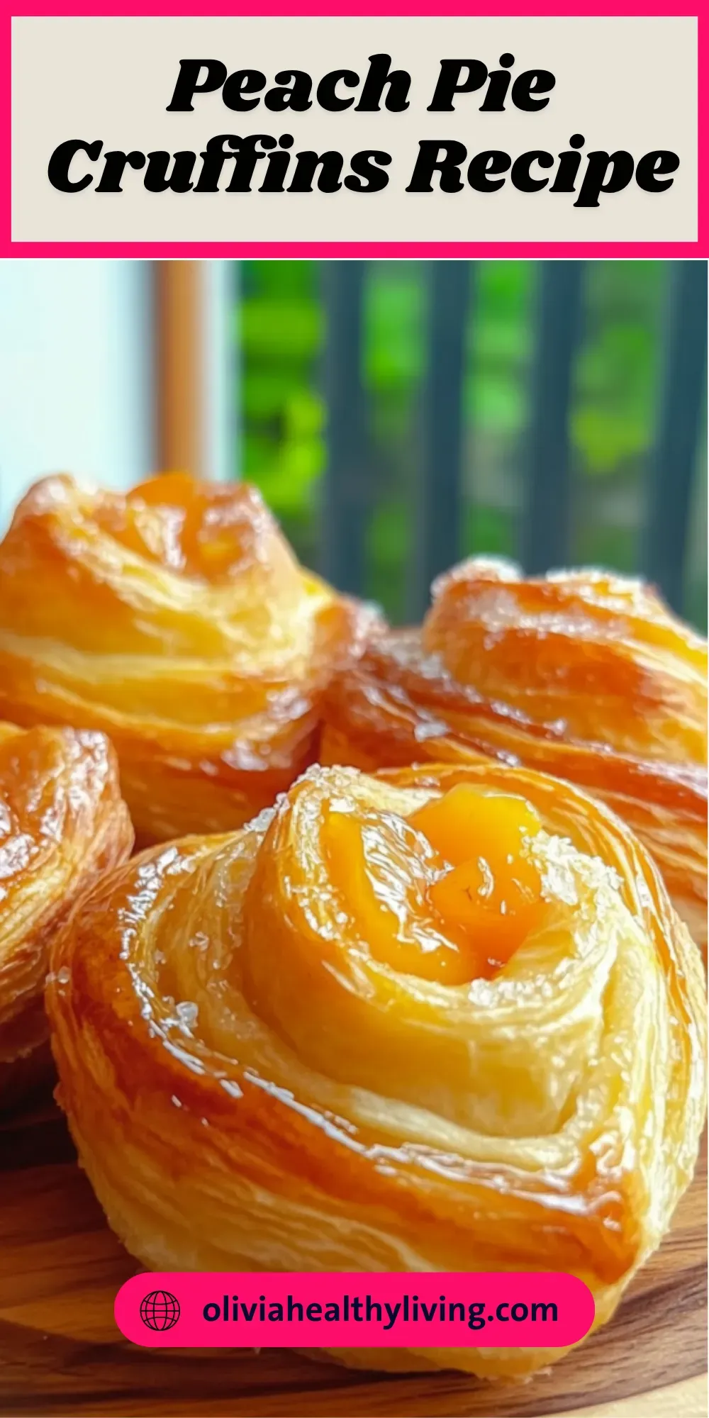 Pinterest graphic of peach pie cruffins with a vibrant peach filling, flaky layers, and text overlay "Peach Pie Cruffins Recipe" and website name "oliviahealthyliving.com"