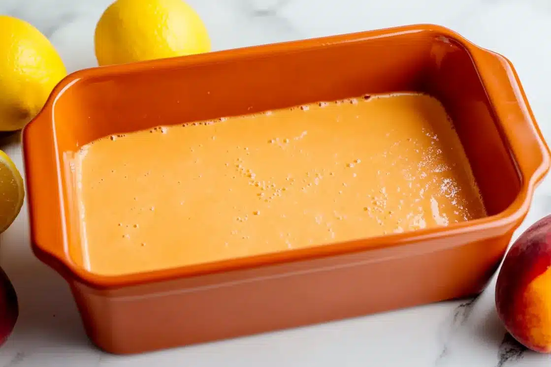 Smooth peach sorbet mixture in orange loaf pan ready for freezing