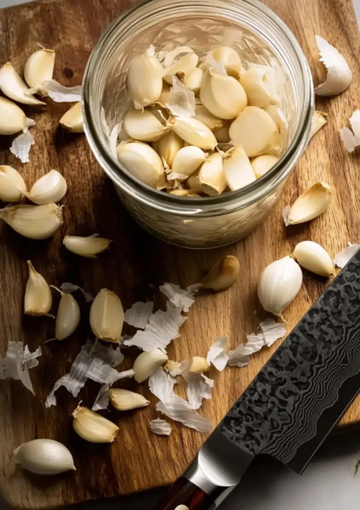 Garlic cloves and peels on wooden board with knife and jar