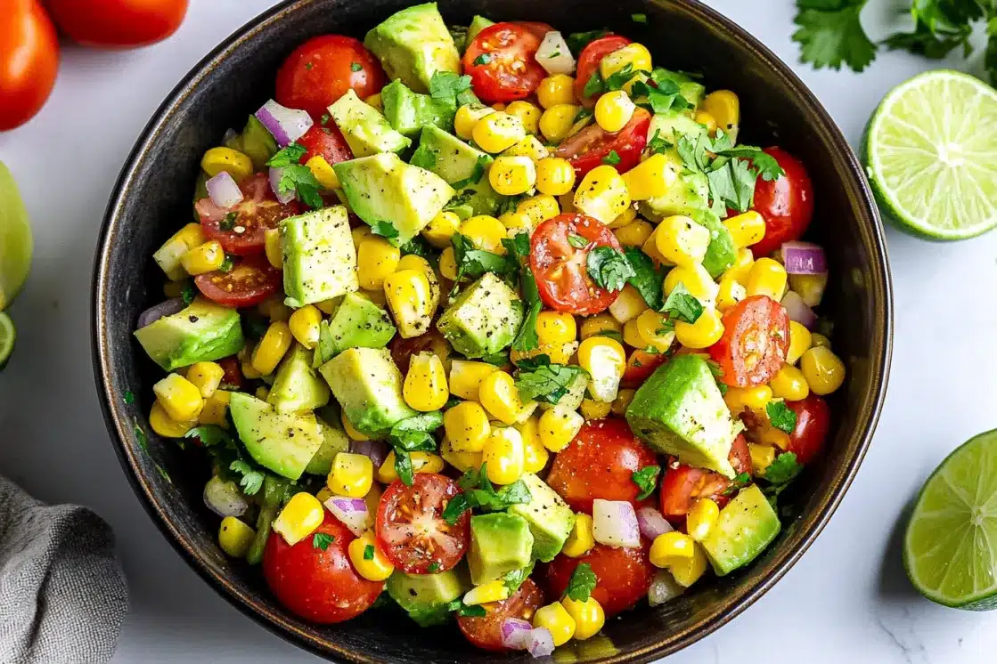 Overhead view of corn tomato avocado salad with lime wedges and fresh tomatoes on marble background