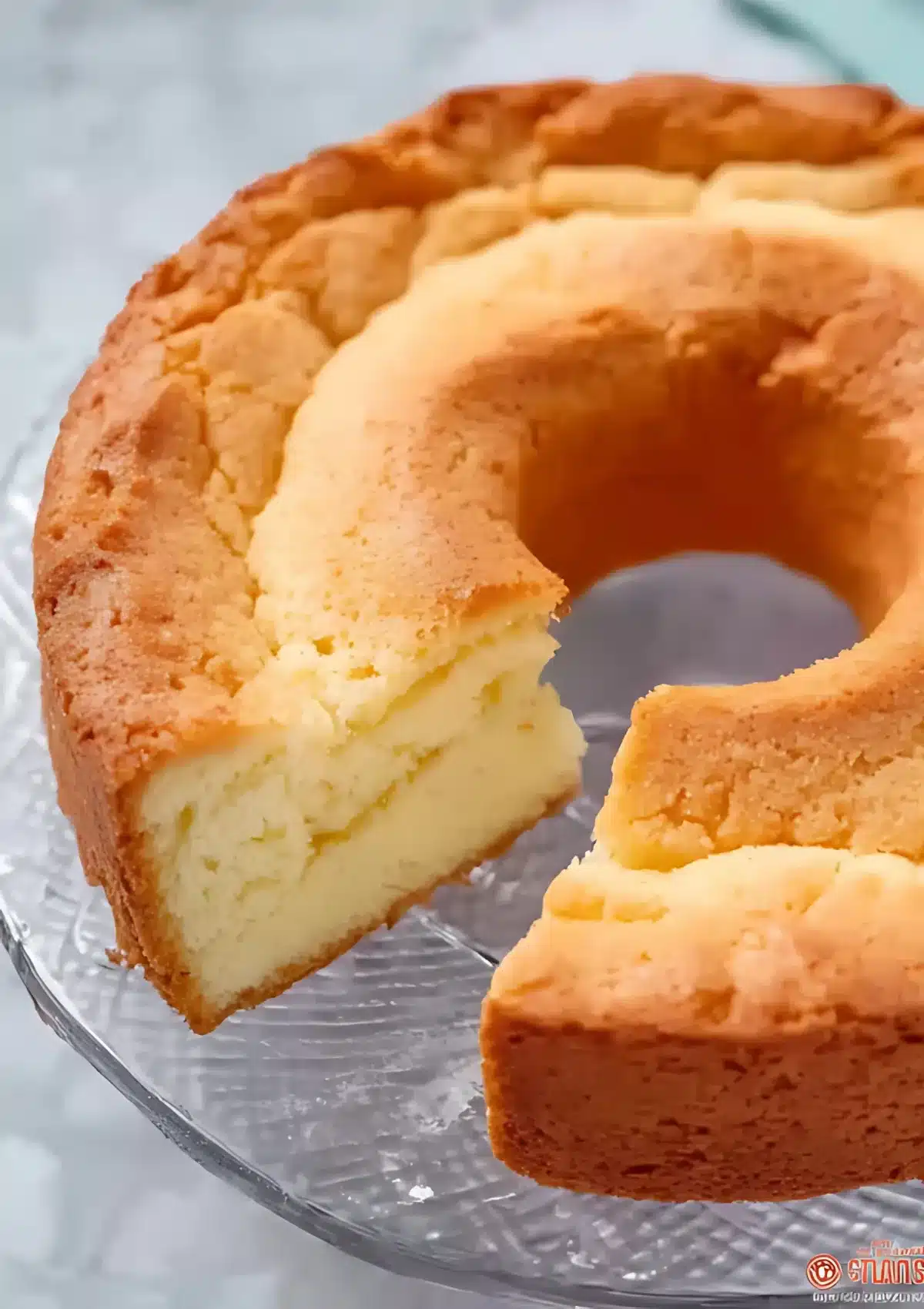 Sliced cream cheese pound cake displaying the rich, velvety interior with one piece removed from the bundt cake on a glass serving plate